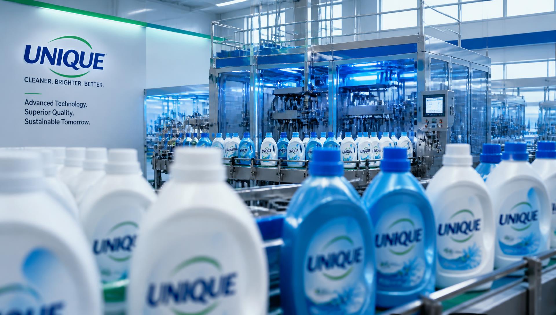 Unique detergent bottles moving along a modern automated production line